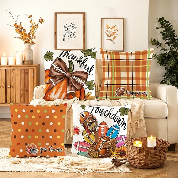 Thanksgiving Pillow Covers 18x18 Set of 4,Football Pillow Velvet Pillow Covers Cute Thanksgiving Autumn Decorative Home Decor for Couch Sofa Bed Living Room