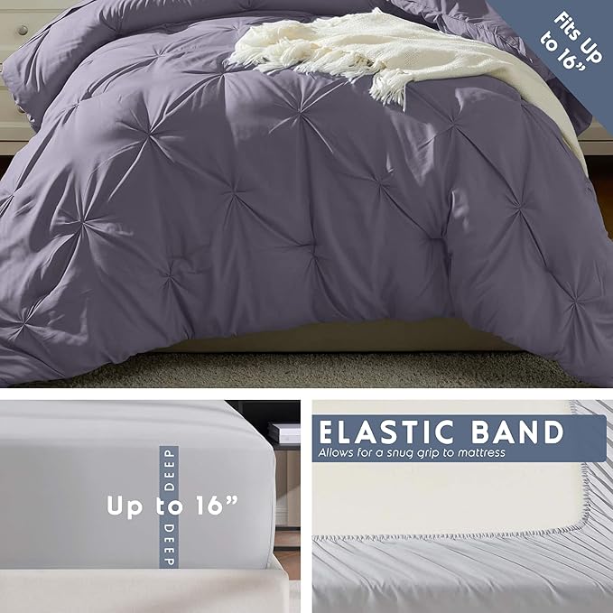 Nestl Twin Comforter Set 5 Piece - Pintuck Twin Bedding Sets Dusty Purple, College Room Essentials for Girls and Boys Bed in a Bag All Season, Comforter Set with Sheets, Pillowcase and Sham