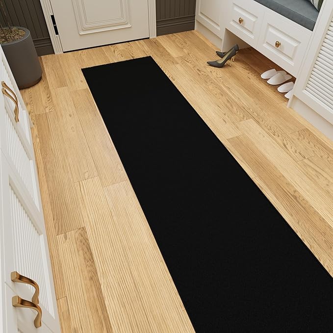 Ottomanson 2x29 Non Slip Extra Long Hallway Runner Rug with Rubber Backing - Solid Modern Kitchen Rug for Bedroom or Living Room, Black, 2' x 29'