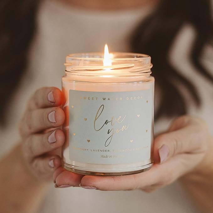 Sweet Water Decor Love You Scented Candles - Soy Candles with Fresh Lavender, Geranium, Warm Mahogany and Earthy Teakwood - Candle Wax with 40 Hours Burn Time - 9Oz Gold Lid Clear Jar Wax Candle