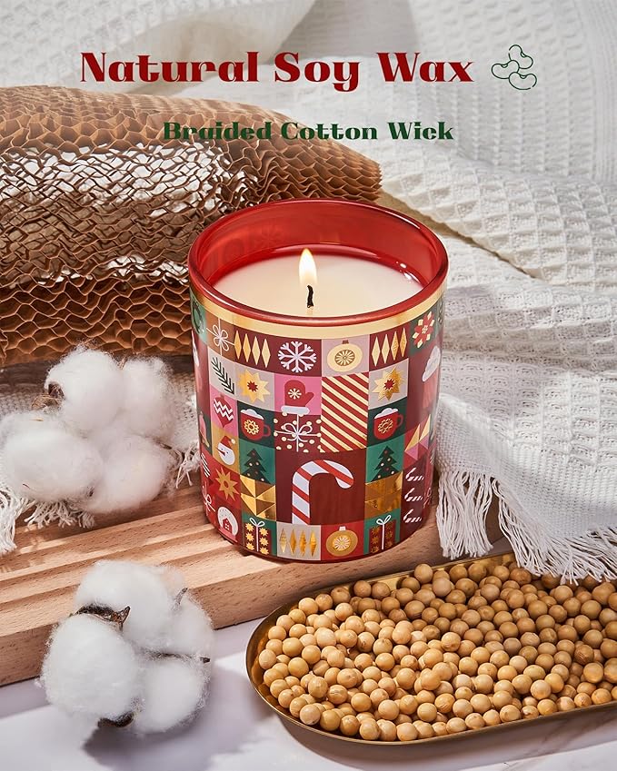 M&SENSE Candy Cane Apple & Coconut Scented Holiday Candle for Christmas, 9.9oz 55Hours Burn Time Fruit Scent Cotton Wick Clean Non Toxic Natural Soy Wax Candle for Spa Yoga Meditation