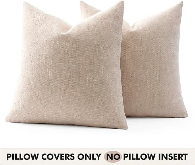 Woaboy Set of 2 Textured Throw Pillow Covers Decorative Soft Accent Square Chenille Pillowcases Neutral Farmhouse Cushions Modern Home Decor for Couch Sofa Bedroom Living Room 20x20 Inch, Beige