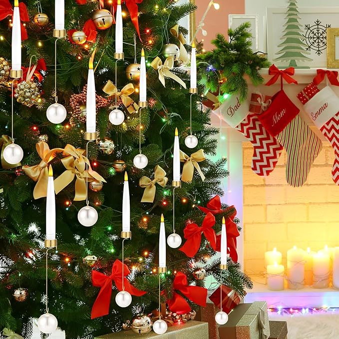 Baquler 24 Pcs Christmas Tree Candles with Remote, Flameless LED Candlesticks Flickering Candles with Pearl Ball Hooks for Xmas Home Wedding Winter New Year Hanging Ornaments Party Supplies