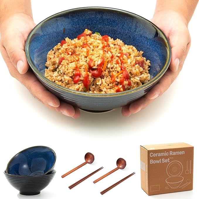 8 Inch Ceramic Ramen Bowl Set of 2, 40oz Japanese Bowls with Spoons & Chopsticks,Durable,Microwave & Dishwasher Safe,Perfect for Ramen,Pho,Salad,Soup,Noodles，Mixing bowls（Blue Topaz）
