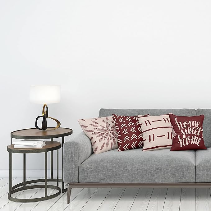 Ambesonne Modern Throw Pillow Cushion Case Pack of 4, Scandinavian Minimal Ornaments Boho Feather Leaves and Home Phrase Print, Modern Accent Double-Sided Digital Printing, 18", Pale Tan and Burgundy