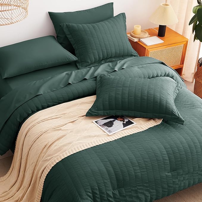 CozyLux Queen Comforter Set Forest Green Seersucker 7 Pieces Bed in a Bag Queen Comforter Set with Sheets, Luxury Bedding Sets with Down Alternative Comforter, Sheets, Pillowcases & Shams All Seasons