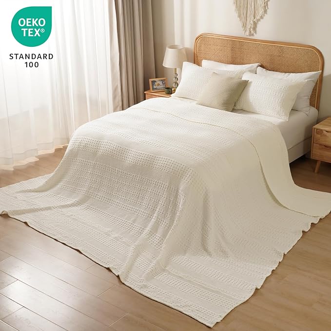 PHF 100% Cotton Waffle Blanket Oversized King 120"x120", Lightweight Breathable Extra Large 10'x10' Blankets for Bed, Giant Big Luxury Aesthetic Woven Bedding for Home Decor, Ivory