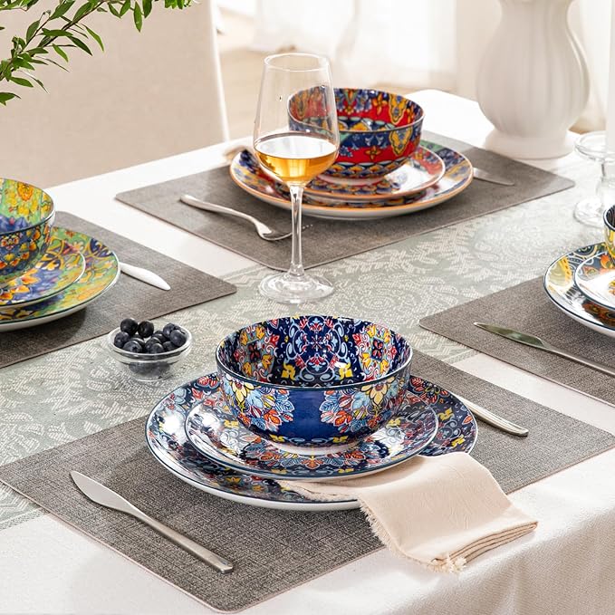 Sweejar Ceramic Dinnerware Sets for 8,24 Pieces Boho Plates and Bowls for Kitchen,Housewaring Gift,Bohemian Style Dish Set,Dishwasher and Microwave Safe(Colorful)