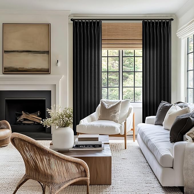 Black Linen Semi Sheer Curtains 96 Inches Long for Living Room Bedroom Light Filtering Black Textured Burlap Pinch Pleated Curtains 96 Length Hooks Rings Back Tab for Sliding Glass Door 1 Panel