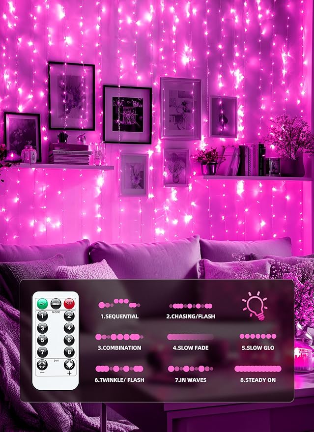 Brightown 300 LED Fairy Curtain Lights, 9.8ft x 9.8ft Curtain String Lights, USB Plug in 8 Lighting Modes LED Christmas String Hanging Lights with Remote for Bedroom Indoor Outdoor Weddings Party Xmas
