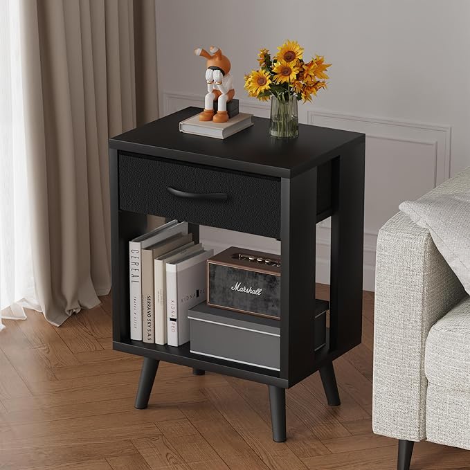 GYIIYUO Nightstands Set of 2 with Fabric Storage Drawer and Open Wood Shelf, Side Table with Storage for Bedroom, Night Stand with Drawer for Bedroom, Bedside Tables - Black 24" H