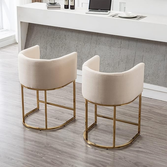 Modern Counter Height Linen Upholstered Bar Stools Set of 4, 24" Kitchen Counter Island Stools Bar Chairs with Gold Metal Frame for Kitchen Island, Cream