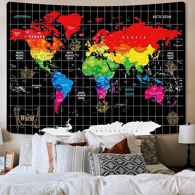 World Map Tapestry, Black Map World Vintag Topography Educational Wall Art Tapestries，Asia Europe South City Topography America Africa Japan Tapestry Wall Hanging 71X60 Inch