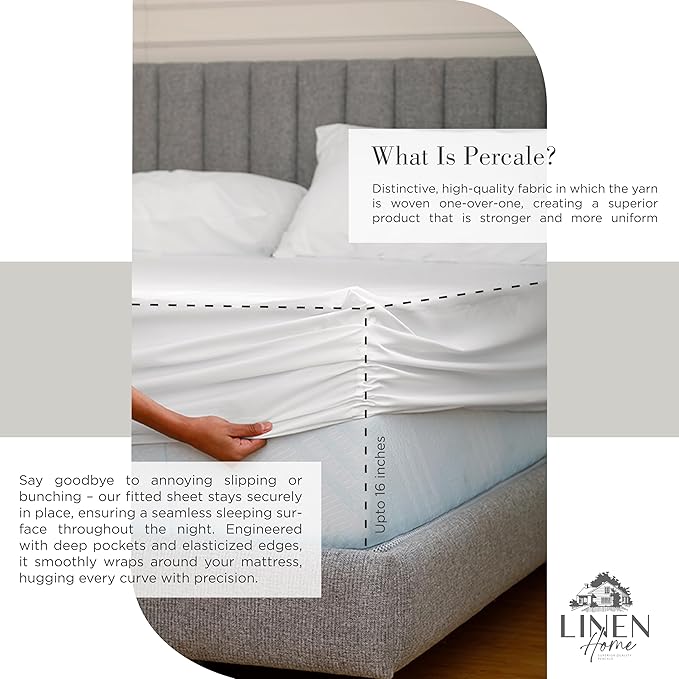 Linen Home 100% Cotton Percale Sheets California King Size, White, Deep Pocket, 4 Pieces Set - 1 Flat, 1 Deep Pocket Fitted Sheet and 2 Pillowcases, Crisp Cool and Strong Bed Linen