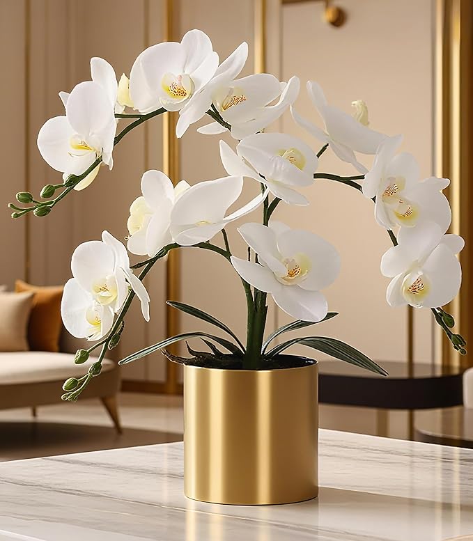 LESING Potted Artificial Orchid Flowers,Real Touch White Fake Artificial Orchid Flower in Gold Vase Arrangement for Table Living Room Decoration (White,Gold Vase)