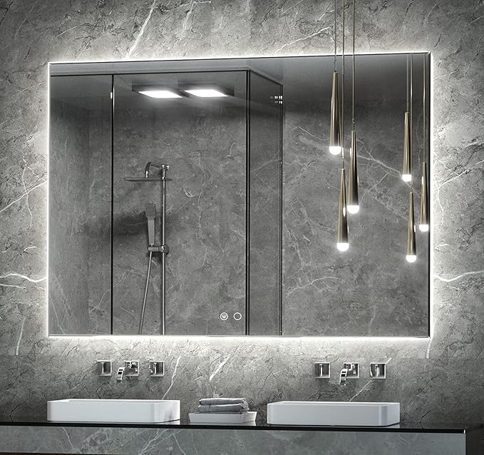 Keonjinn 48 x 36 Inch Backlit Mirror for Bathroom, Anti-Fog Led Mirror, CRI90+ HD Tempered Glass, Stepless Dimmable Lighted Mirror, High Lumen, UL Listed, Waterproof, Horizontal/Vertical