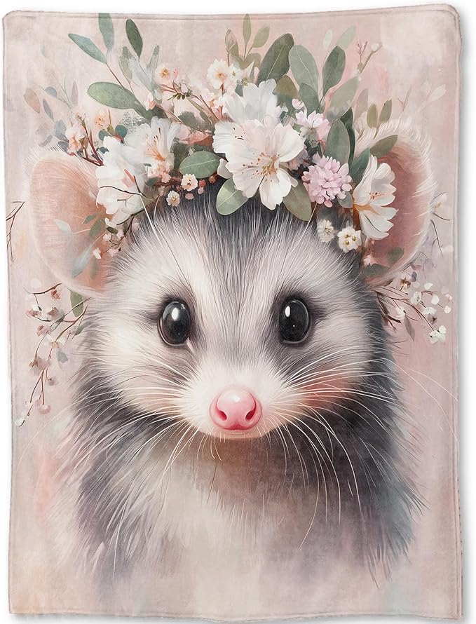 Cute Possum Blanket - Adorable Sweet Opossum Flower Crown Fleece Throw,Gifts for Kids Adult, Soft & Warm,Lightweight, for Modern Decor,Animal Lovers, and Room Home Accents 50x60in