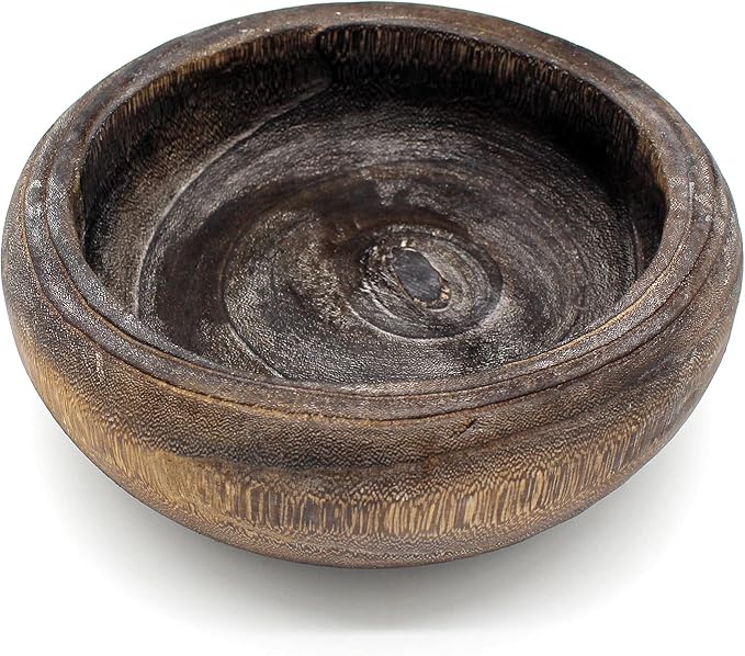 CVHOMEDECO. Primitives Solid Wood Functional and Collectible Bowl Vintage Round Hand Carved Wooden Bowl Rustic Treenware Artworks for Serving Nuts Snacks Fruits or Accent Decor, 9 Inch
