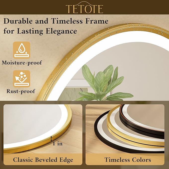 TETOTE Gold Led Round Mirror with Lights 36 Inch Metal Framed Round Circle Lighted Bathroom Vanity Mirror Wall Mounted, Front and Backlit 3 Color Stepless Dimmable Anti Fog, Shatterproof, CRI 90+