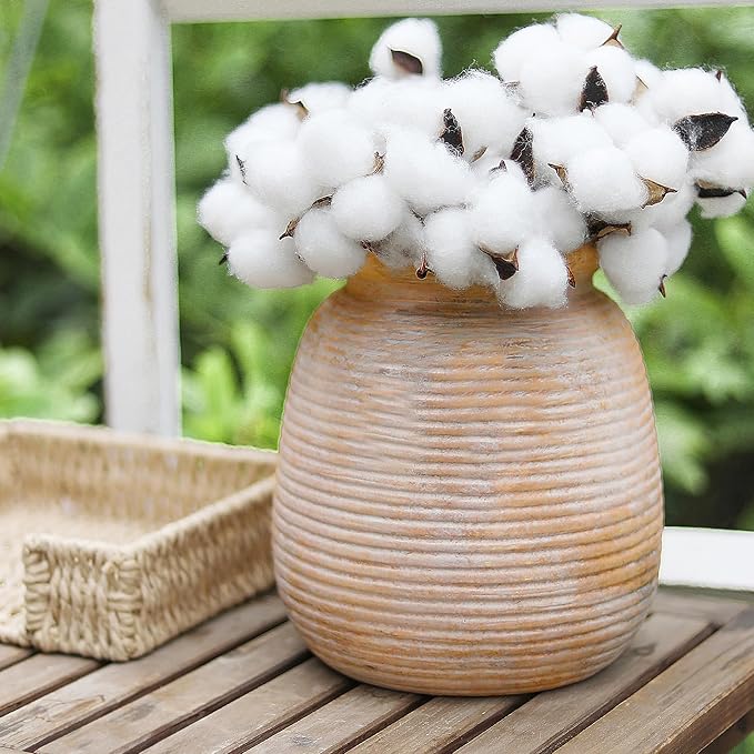 Ceramic Flowers Rustic Vase, Neutral Pottery Farmhouse Vases Home Decor, 7.48" Terracotta Pampas Decorative Vase for Table Entryway Mantel Bookshelf Bedroon Bathroom Living Room