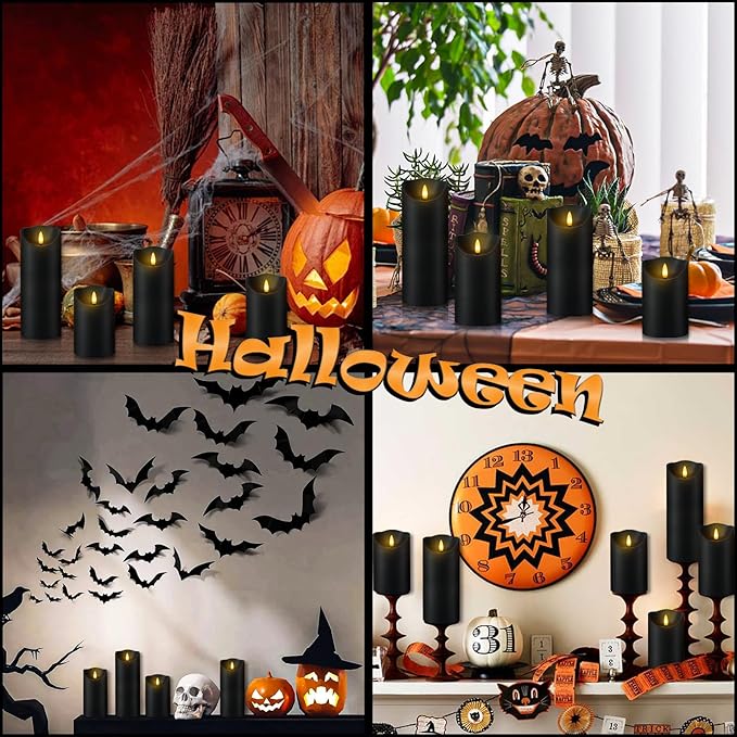 Fo32won Flameless Flickering Candles with Remote Timer, Set of 6 Led Black Battery Operated Candles for Home Decor Xmas Halloween (D3 x H3 3" 4" 5" 6" 7")