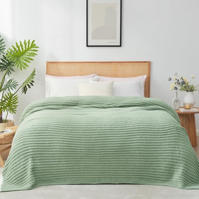 Snuggle Sac Soft King Size Blanket for Bed, Cozy Soft Fuzzy Microfiber Knit Stripe Bedding Blankets, Sage Green, 108x90 inches