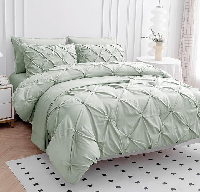 LANE LINEN Queen Comforter Set with Sheets, 7 Piece Set, Pintuck Comforter, Soft Bed Set, Bedding Comforter Sets, In-Bag Set - Mineral