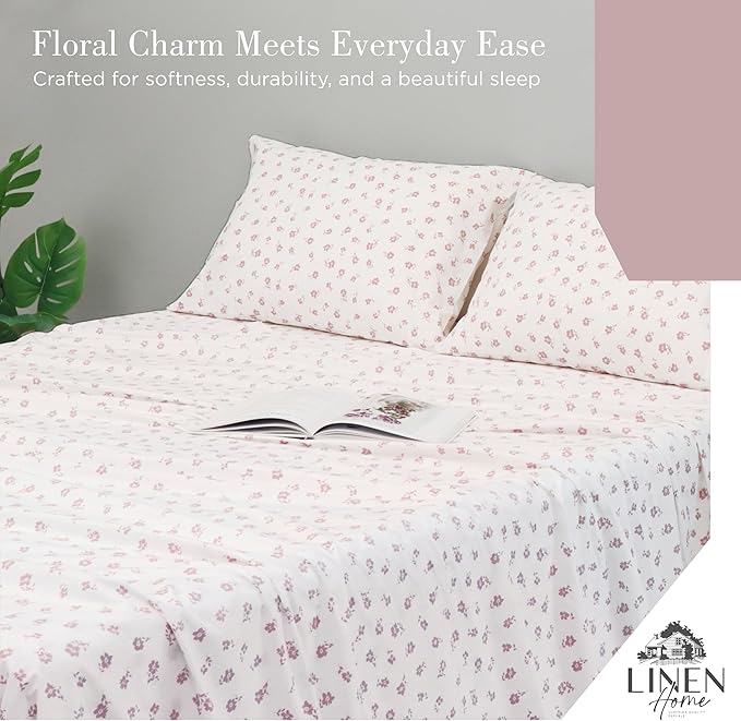 Linen Home 100% Cotton Printed Percale Sheets California King Size, Deep Pocket, 4 Pieces Set-1 Flat, 1 Deep Pocket Fitted Sheet and 2 Pillowcases, Crisp Cool Bed Linen, Mauve Silhouette Floral