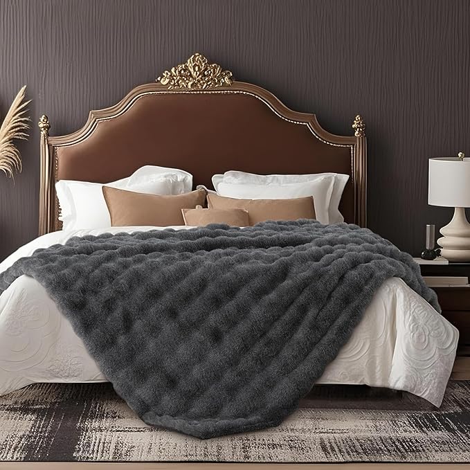 Amélie Home Faux Fur Throw Blanket for Couch, Ultra Soft Fuzzy Plush Bubble Throw for Sofa, Living Room & Home Decor, 50"x60", Cationic Wolf Gray