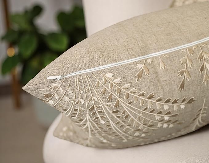 Rohan Leaves Embroiderd Decorative Square Accent Throw Pillow Cover - Sofa, Chair, Couch, Bedroom, Living Room, Farmhouse Home Decor - 20x20 Inches, Natural