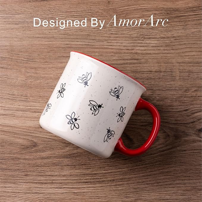 AmorArc 22 OZ Large Ceramic Coffee Mugs, Oversized Soup Cups With Big Handle for Men Women Dad Mom, Big Mug With Textured Bees Patterns for Office & Home -Microwave Safe, 2 Pcs-Red