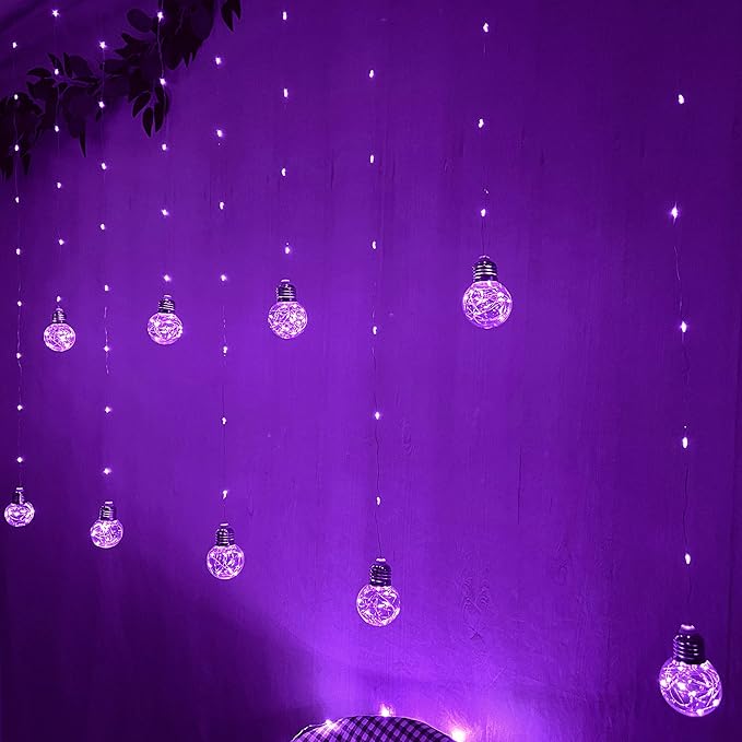 YOLIGHT Wishing Ball Curtain Lights 200 LED Window Curtain String Lights with Remote, USB Battery Powered Twinkle Globe Fairy Lights for Wedding Party Bedroom Halloween Christmas Decoration (Purple)