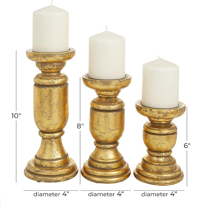 Deco 79 Mango Wood Decorative Candle Holder Turned Style Pillar Candle Stand, Set of 3 Candlestick Holder 10", 8", 6" H, Gold| (Pack of 6)