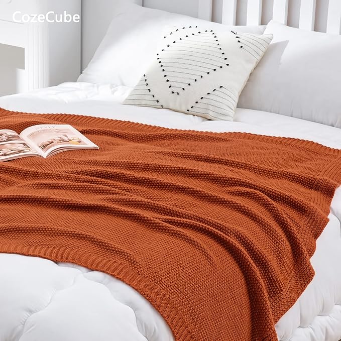 CozeCube Orange Throw Blanket for Couch, Soft Cozy Cable Knit Throw for Bed Sofa Living Room, Lightweight Warm Decorative Farmhouse Christmas Blanket, 60"x80", Burnt Orange