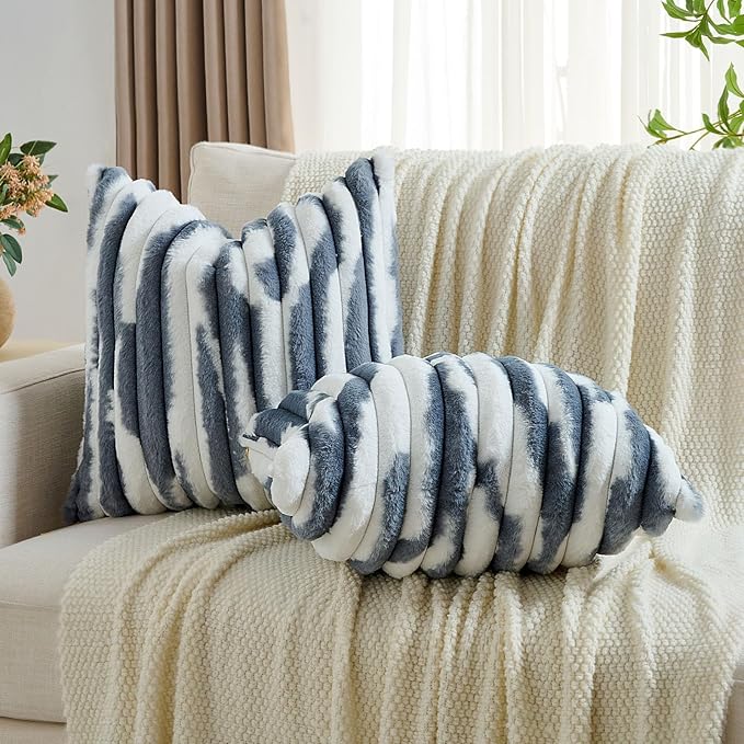 FUTEI Blue Decorative Throw Pillow Covers 18x18 Inch Set of 2, Soft Tie-Dye Faux Rabbit Fur Striped Texture Cushion Case, Modern Home Decor for Couch Bed Living Room