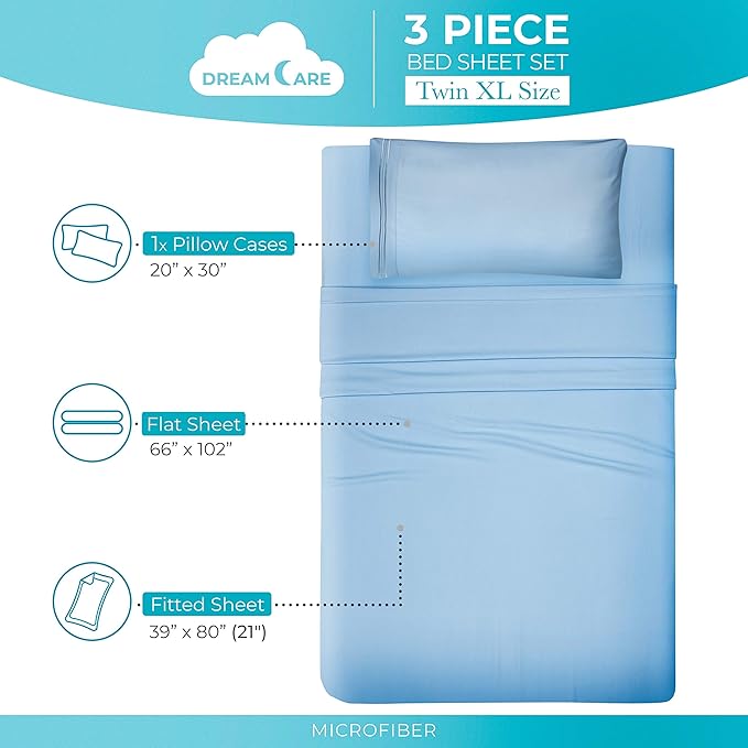 DREAMCARE Twin XL Sheet Sets – 3pcs Cooling Sheets – up to 21” Extra Deep Pocket Twin XL Sheets Set – Hotel Luxury Sheets & Pillowcases – Superior Softness 100% Fine Microfiber with Side Pocket – Blue