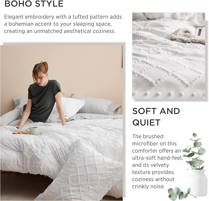 Bedsure Oversized Queen Comforter Set - White Comforter, Boho Tufted Shabby Chic Bedding for Kids, 3 Pieces Vintage Farmhouse Bed Set for All Seasons, Fluffy Soft Bedding with 2 Pillow Shams