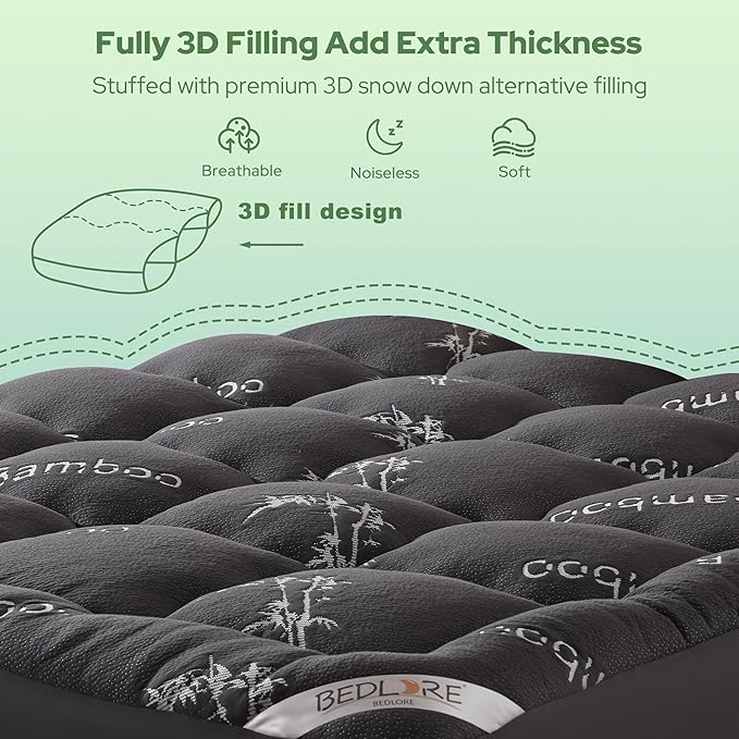 BEDLORE King Mattress Topper Viscose Derived from Bamboo, Thick Pillow Top Mattress Pad with Stretchable Pockets for 6"-18" Mattress, Soft Breathable Mattress Topper for Back Pain Relief(Dark Gray)