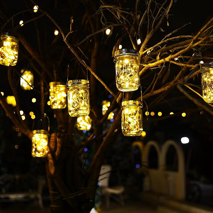 Cooo 12 Pack Solar Lanterns Outdoor Waterproof Upgraded Crystal Glass Solar Mason Jar Lights 30 LED 215% Larger SolarPanel, Anti-Rust Lid（Just a Little More,Get Double The Delight-Warm White）