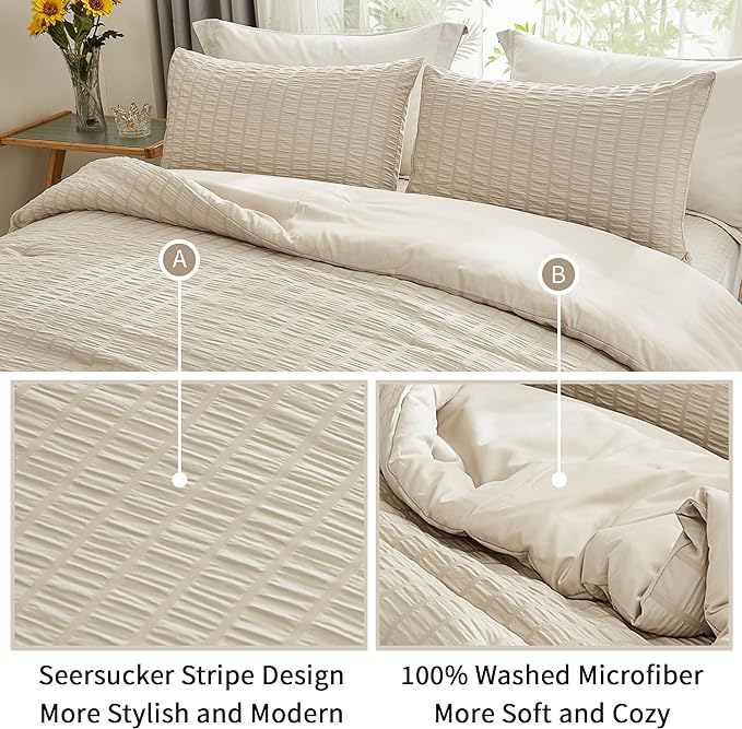 AveLom Beige Seersucker California King Comforter Set (104x96 inches), 3 Pieces-100% Soft Washed Microfiber Lightweight Comforter with 2 Pillowcases, All Season Down Alternative Bedding Set