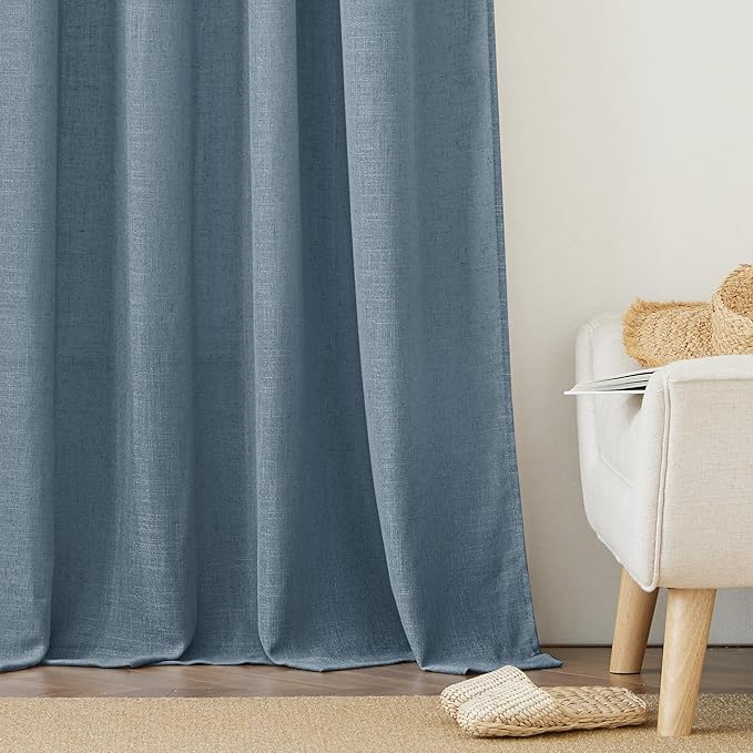 RYB HOME Sheer Curtains for Bedroom, Linen Wave Texture Semitransparent Voile Curtain Drapes Rod Pocket Window Treatment for Dining Room Bathroom Bedroom, Stone Blue, W52 x L45 inch, Set of 2 Panels