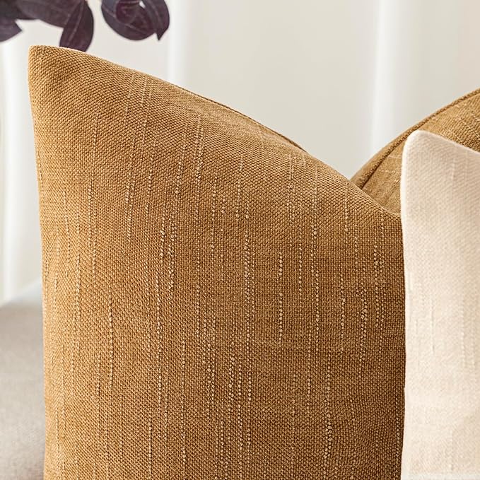 Foindtower Set of 2 Soft Textured Chenille Throw Decorative Pillow Covers Square Accent Solid Cushion Cover Neutral Farmhouse Pillow Case for Couch Sofa Bedroom Living Room 20x20 Inch,Golden Brown