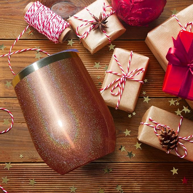 MEWAY 12oz/4 Pack Wine Tumbler Glasses with Lid - Stemless Double Wall Vacuum Stainless Steel Glitter Tumbler - Keeping Cold & Hot Cup for Coffee,Gift for Women(Rainbow Rose Gold,Set of 4)