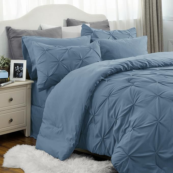 Bedsure Queen Comforter Set Mineral Blue - Bed in a Bag Queen 7 Pieces, Pintuck Bedding Sets Gift for Christmas, Pinch Pleat Bed Set with Queen Size Comforter, Sheets, Pillowcases & Shams