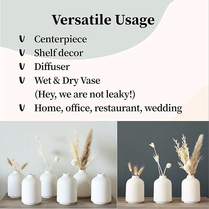 Carrot's Den - Set of 6 White Mini Ceramic Vases for Home Decor | Boho Bud Vases in Bulk for Dry Flowers + House Plants | Wedding, Home, Centerpiece, Modern, Japandi, Farmhouse, Minimalist