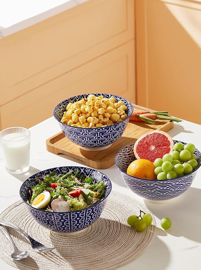 Salad Soup Bowls, Blue and White Serving Bowls for Pho, Pasta Rarmen, 48 Oz Large Ceramic Bowls for Kitchen, Set of 3, Microwave & Dishwasher Safe