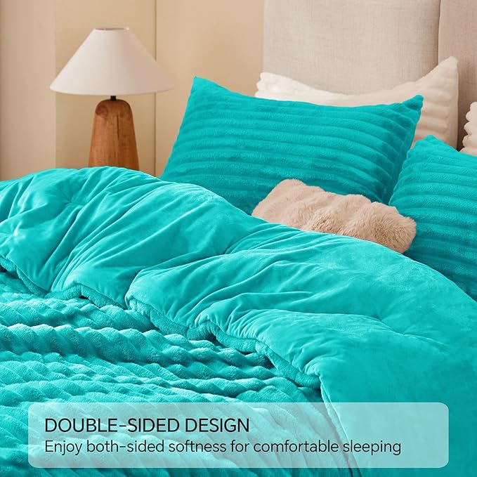 BEDELITE Fleece King Comforter Set -Super Soft & Warm Fluffy Teal Bedding, Luxury Fuzzy Heavy Bed Set for Winter with 2 Pillow Cases