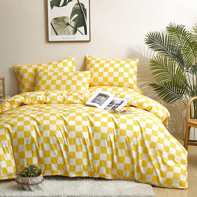 KAREVER Yellow White Grid Comforter Set Full Yellow Plaid Bedding Set Girls Yellow and White Checkered Bed Comforter Set Breathable Blanket Set Kids Durable Bedding Comforter Set