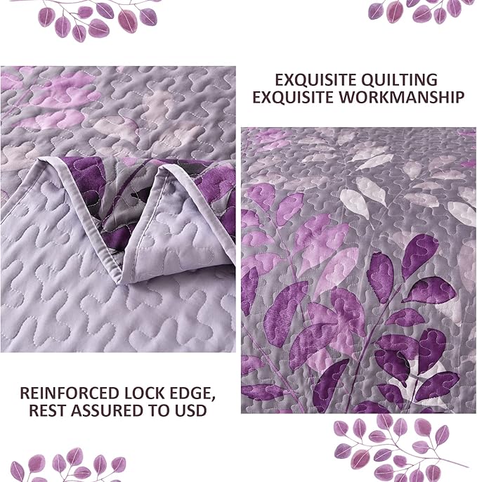 WONGS BEDDING Purple Floral Quilt Set King Size, 3 Pieces Botancal Leaves Bedspread Coverlet Set with 2 Pillowcases for All Season, Soft Microfiber Floral Bedding Set 104"×90"