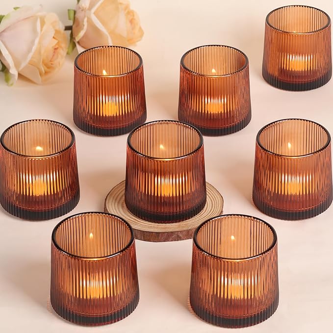 Amber Ribbed Tealight Votive Candle Holders Set of 10- Votive Candle Holders for Table Centerpiece, Tea Light Candle Holder Glass for Wedding and Home Decor, Blue Decor and Gifts